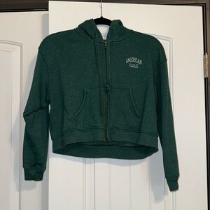 American Eagle Dark Green Cropped Zip Hoodie